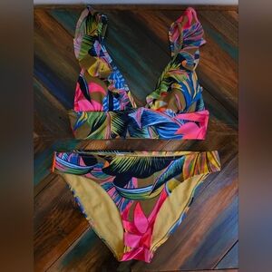 Aerie Tropical PRINT Ruffle BIKINI SZ S